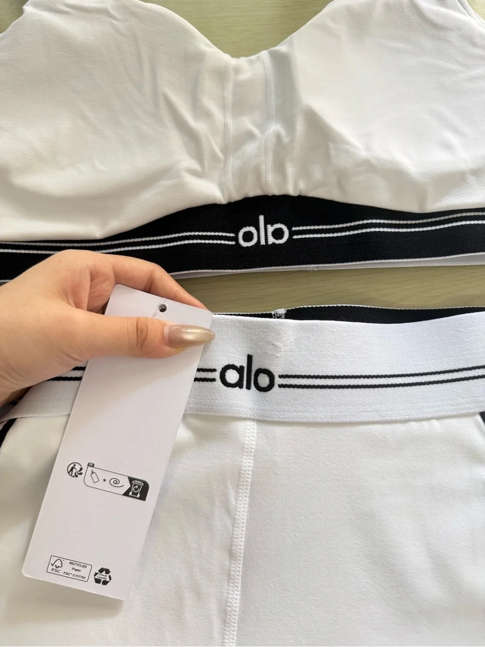 ALO Yoga White Sports Bra & Matching Shorts with Black Seam Detail